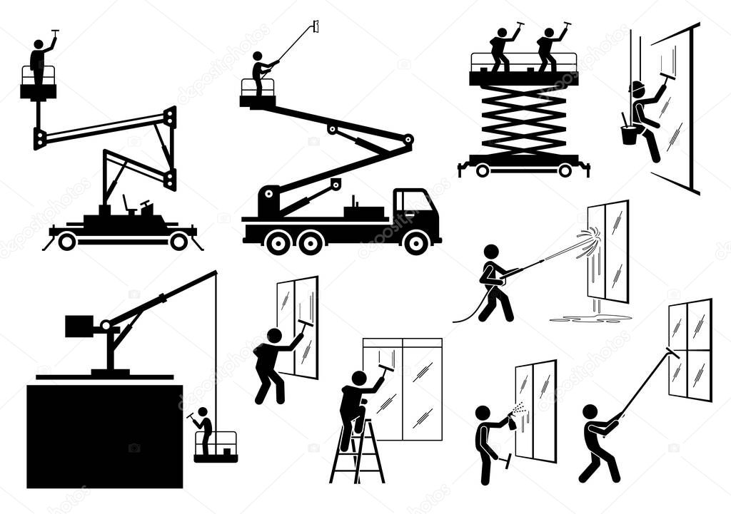 High rise building sky scrappers window cleaning, facade washing, and building exterior painting. Vector illustrations of wiping building windows with articulated truck, crane, and aerial platform.