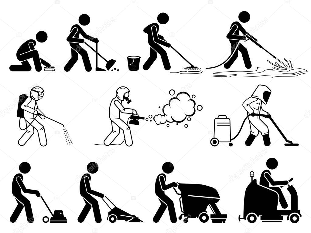 Commercial and industrial cleaning services worker with equipment. Vector illustrations of people sweeping, cleaning, washing, vacuuming, and disinfect for hygiene. 