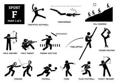 Sport games alphabet F vector icons pictogram. Fastpitch softball, finswimming, fell running, field archery flight, target, skittles, fierljeppen, figure skating, fencing, fistball, flag football.  clipart