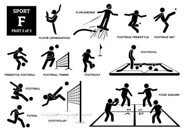 Spor oyunları alfabesi F vektör simgeleri pictogram. Yer jimnastiği, uçan kaykay, serbest stil, serbest stil, serbest stil futbol, futbol, futbol, futbol, futbol, futsal, futbol ve dört kare..