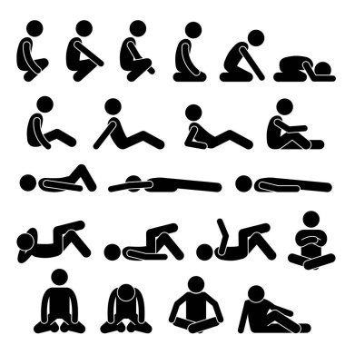 Various Squatting Sitting Lying Down on the Floor Postures Positions Human Man People Stick Figure Stickman Pictogram Icons. Stickman person posing in various squatting, sitting, and lying down postures. vector Various Squatting Sitting Lying Down on the Floor Postures Positions Human Man People Stick Figure Stickman Pictogram Icons. Stickman person posing in various squatting, sitting, and lying down postures. vector