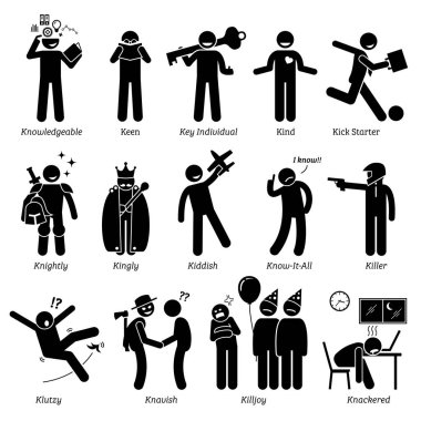Positive Negative Neutral Personalities Character Traits. Stick Figures Man Icons. Starting with the Alphabet K. Positive negative neutral personalities traits, attitude, and characteristic. Knowledgeable, keen, key individual, kind, kick starter, kn clipart