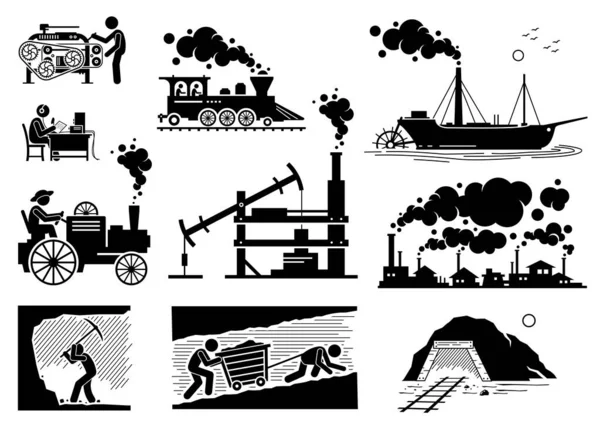 Moderne Geschiedenis Industriële Leeftijd Industriële Revolutie Technologie Ontwikkeling Vector Illustraties — Stockvector