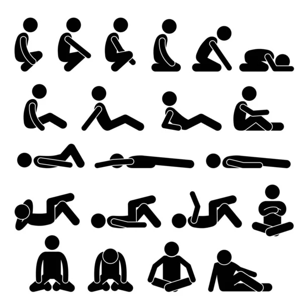 Various Squatting Sitting Lying Down on the Floor Postures Positions Human Man People Stick Figure Stickman Pictogram Icons. Stickman person posing in various squatting, sitting, and lying down postures. — Stock Illustration Various Squatting Sitting Lying Floor Postures Positions Human Man People Royalty Free Stock Vectors