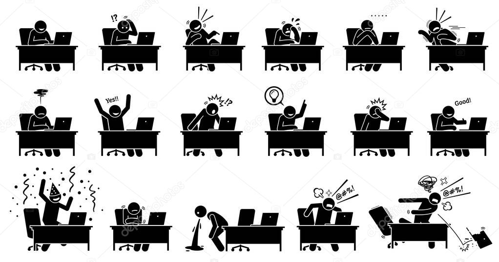Man using computer reactions towards the online news and things he see and read from the Internet. Vector illustrations of a person reacting and showing different emotions at his laptop. 