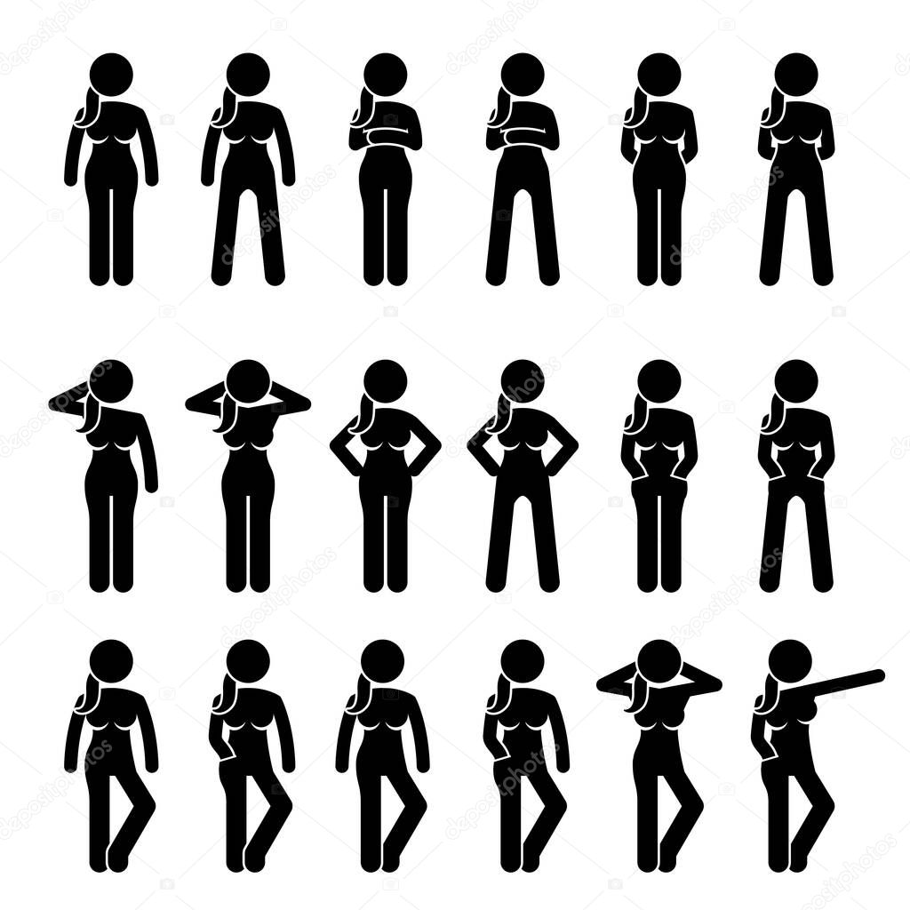 Basic Woman Standing Postures and Poses. Artworks depict a female human standing in various positions with different body languages. 