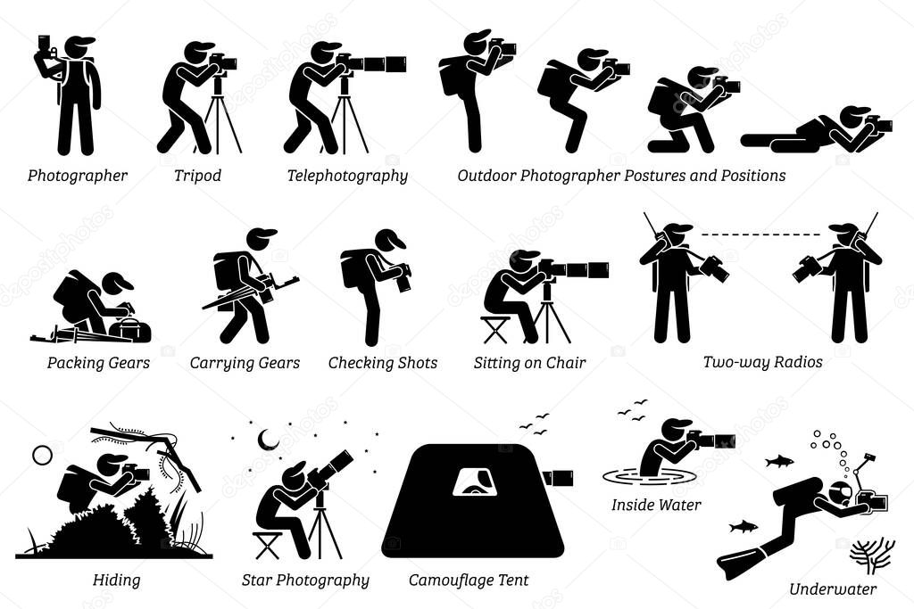 Outdoor photographer photography gears. An adventurous photographer taking pictures with different postures at outdoor. Including star photography, camouflage tent, wildlife, and underwater pictures.