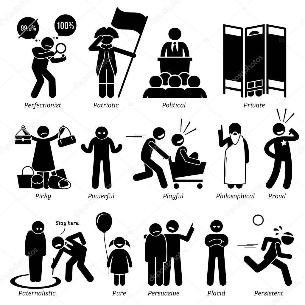 Neutral Personalities Character Traits. Stick Figures Man Icons. Starting with the Alphabet P. Neutral personalities traits, attitude, and characteristic. Perfectionist, patriotic, political, private, picky, powerful, playful, philosophical, proud, p