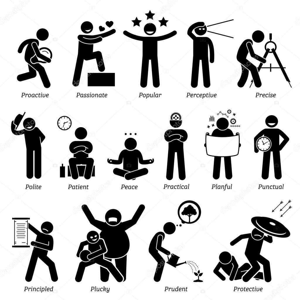 Positive Personalities Character Traits. Stick Figures Man Icons. Starting with the Alphabet P. Positive personalities traits, attitude, and characteristic. Proactive, passionate, popular, perceptive, precise, polite, patient, peace, practical, planf