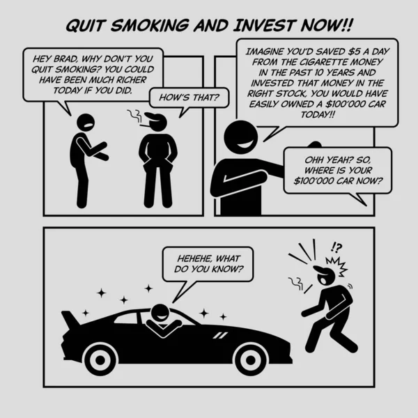 面白い漫画のストリップ 喫煙をやめて今すぐ投資してください 男は友人に喫煙をやめるように説得し 新しい高価な車を購入するために株式市場にお金を投資する コミックは投資家 投資家 富を描く — ストックベクタ