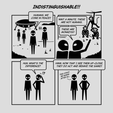 Komik karikatür. Ayırt edilemez. UFO uzaylıları Dünya 'ya ziyaretçi olarak gelirler ama maymunları bulurlar. Çizgi roman, insan ve maymunun aynı şekilde davrandığını gösteriyor.. 