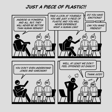 Komik karikatür. Sadece bir plastik parçası. Yapay zeka robotu insansı robotu kışkırtmak ve onunla alay etmek. Çizgi roman yapay zekayı tasvir eder ve hassas insanları kolayca gücendirir.. 