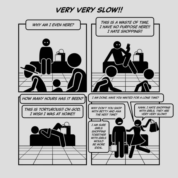 Grappig Stripverhaal Heel Langzaam Man Die Wacht Tot Vrouw Klaar — Stockvector
