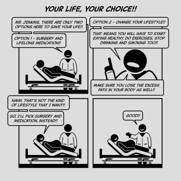 Zabawny Komiks Twoje Życie Twój Wybór Lekarz Rozmawia Pacjentem Nadwagą — Wektor stockowy