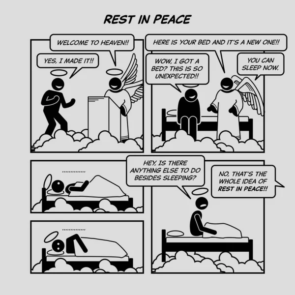 有趣的漫画 安息吧 人死了就上了天堂 上帝的天使让他睡在床上 漫画描绘了无聊 涅盘和来世 — 图库矢量图片