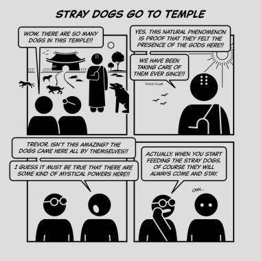 Komik karikatür. Sokak köpekleri tapınağa gider. Çizgi romanda keşişlerin tapınak veya manastırda sokak köpeklerine baktığı ve onları beslediği anlatılıyor.. 