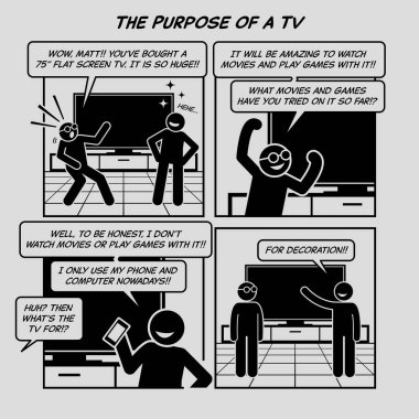 Komik karikatür. Televizyonun amacı. Adam yeni büyük televizyonunu arkadaşına gösteriyor. Çizgi roman gururu, lüksü, lüksü, zenginliği ve gururu tasvir eder.. 
