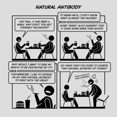 Komik karikatür. Doğal antikor. İki arkadaş virüs, aşı, aşı, aşılanmamış, doğal antikor ve sağlık hakkında konuşuyor ve tartışıyorlar.. 