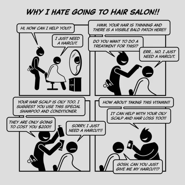 有趣的漫画 为什么我讨厌去发廊男人去理发 理发师很努力地推销他的产品 而不是给他理发 — 图库矢量图片