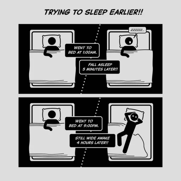 Αστείο Κόμικ Προσπαθώ Κοιμηθώ Νωρίτερα Άνθρωπος Αποκοιμιέται Γρήγορα Όταν Κοιμάται — Διανυσματικό Αρχείο