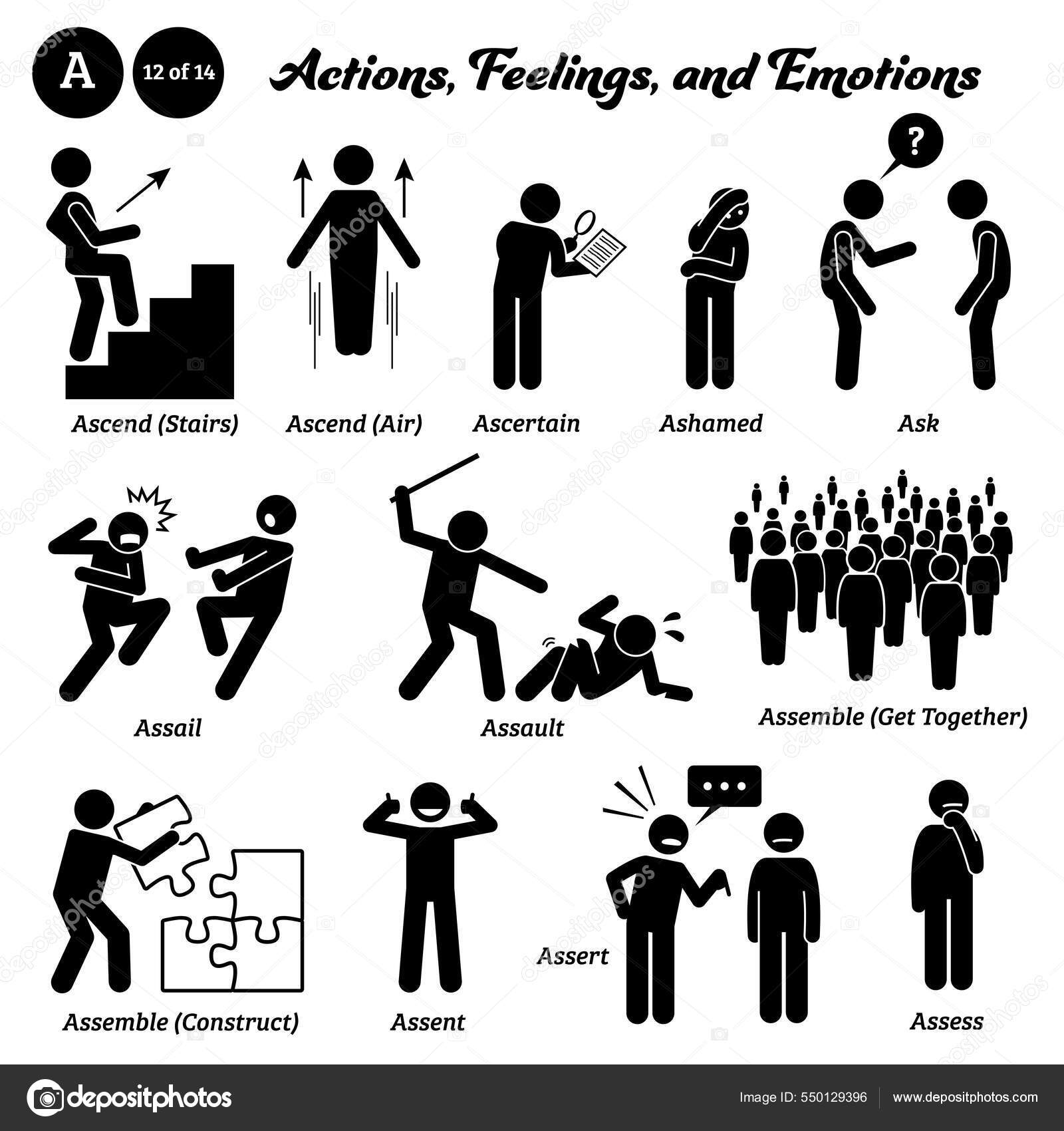 Stick figure human people man action, feelings, and emotions icons alphabet  M. Mate, maul, maximize, mean, measure, meddle, mediate, meditate, meet,  melt, memorize, and menace. Stock Vector