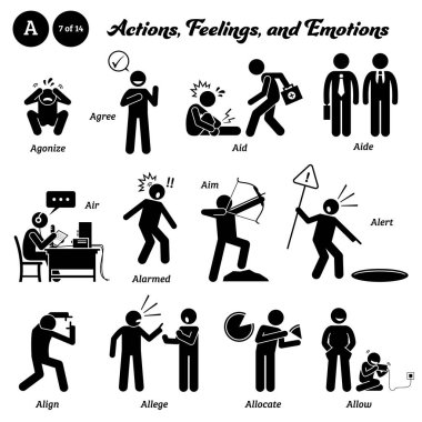 Stick figure human people man action, feelings, and emotions icons starting with alphabet A. Agonize, agree, aid, aide, air, alarmed, aim, alert, align, allege, allocate, and allow. clipart