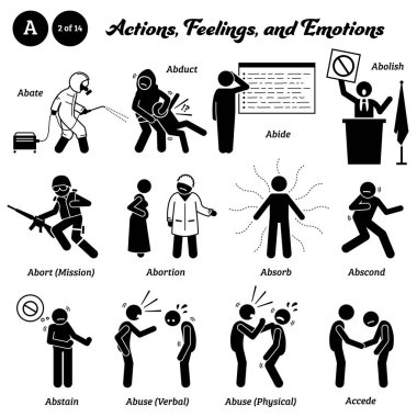 Stick figure human people man action, feelings, and emotions icons starting with alphabet A. Abate, abduct, abide, abolish, abort, abortion, absorb, abscond, abstain, abuse physical verbal and accede. clipart