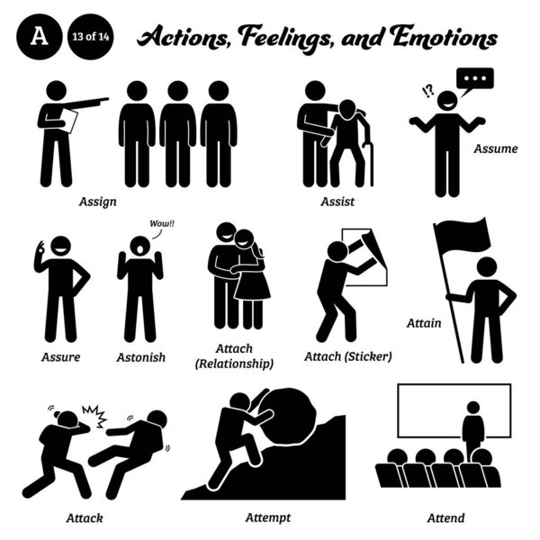 Stick figure human people man action, feelings, and emotions icons starting with alphabet A. Assign, assist, assume, assure, astonish, attach relationship, attain, attack, attempt, and attend.