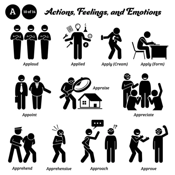 Stick Figure Humain Homme Action Sentiments Émotions Icônes Commençant Par — Image vectorielle