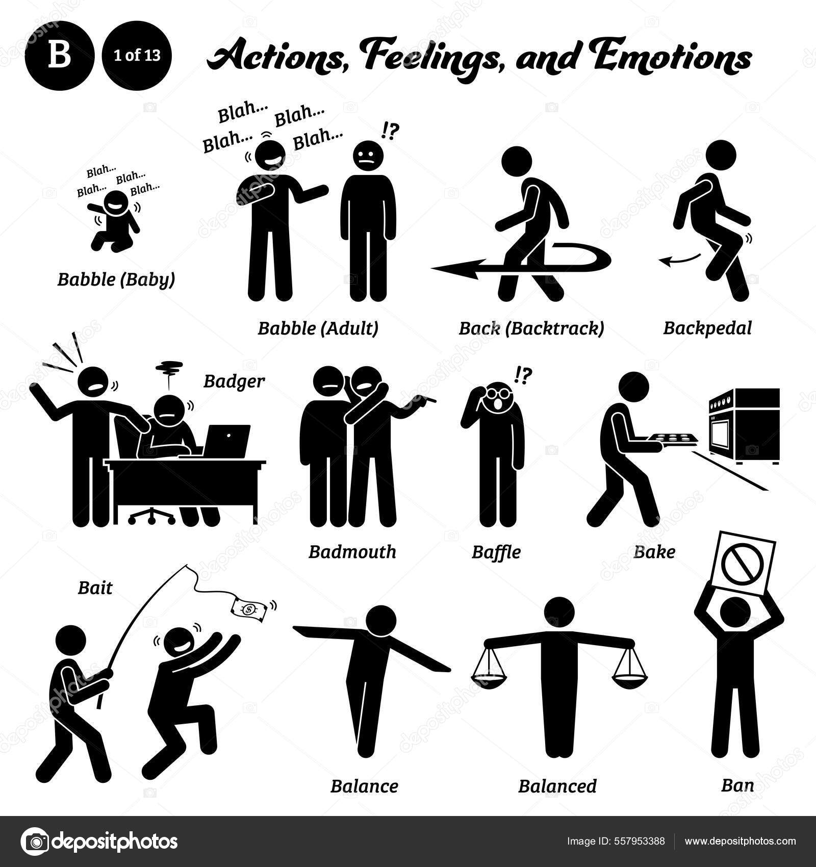 Stick figure human people man action, feelings, and emotions icons alphabet  M. Mend, mentor, merge, mewl, mess, migrate, mighty, methodize, milk, mime,  and mimic. Stock Vector