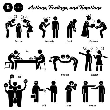 Çubuk insan figürü. B alfabesiyle başlayan aksiyon, duygu ve duygu simgeleri. Berate, yalvarma, bağlama, verme, bahis, ihanet, didişme, teklif, fatura, ısırma ve suçlama..