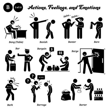 Stick figure human people man action, feelings, and emotions icons starting with alphabet B. Bang table, banish, banter, bare, bar, bargain, barge, bark, barrage, and barter. clipart