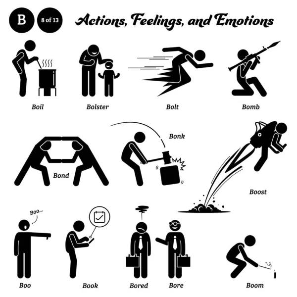 人間の人間の行動 感情のアイコンをアルファベットBで始まるスティック図 ボイル ボルト ブースト ブーク ブーム — ストックベクタ