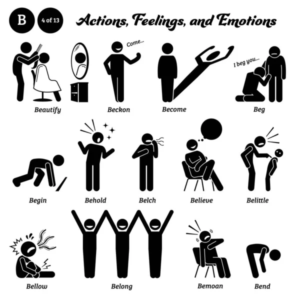 Figura Palo Humano Hombre Acción Sentimientos Emociones Iconos Que Comienzan — Vector de stock