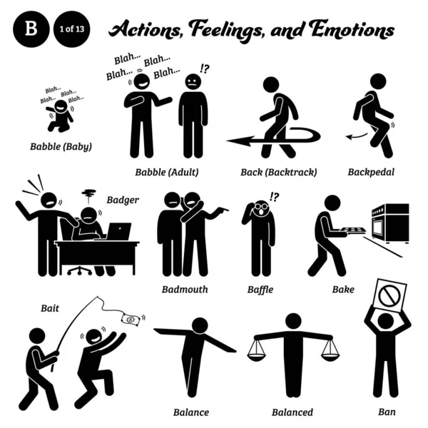 Figura Palo Humano Hombre Acción Sentimientos Emociones Iconos Que Comienzan — Vector de stock