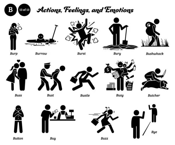 Stick Σχήμα Ανθρώπινη Άνθρωποι Δράση Συναισθήματα Και Συναισθήματα Εικονίδια Ξεκινώντας — Διανυσματικό Αρχείο