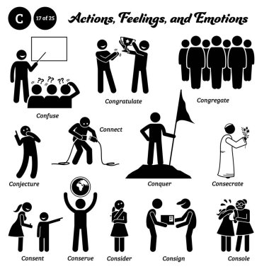 Stick figure human people man action, feelings, emotions icons alphabet C. Confuse, congratulate, congregate, conjecture, connect, conquer, consecrate, consent, conserve, consider, consign, console.