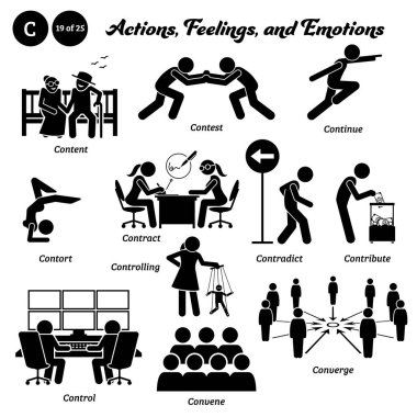 Stick figure human people man action, feelings, and emotions icons starting with alphabet C. Content, contest, continue, contort, contract, contradict, contribute, control, convene, and converge. clipart