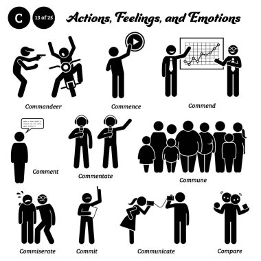 Stick figure human people man action, feelings, and emotions icons starting with alphabet C. Commandeer, commence, commend, comment, commentate, commune, commiserate, commit, communicate, and compare.