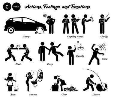 Stick figure human people man action, feelings, and emotions icons starting with alphabet C. Clamp, clapping hands, clarify, clash, clasp, classify, claw, clean, cleanse, clear, and cleave. 