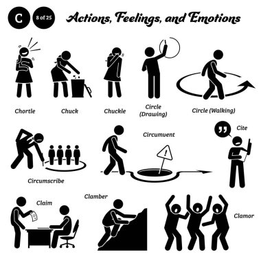 Çubuk insan figürü. Aksiyon, duygu ve duygu simgeleri. C alfabesi ile başlıyor. Chortle, chuck, chuck, chuckle, circle, circumscribe, outvent, Cite, claim, clamber ve clamor..