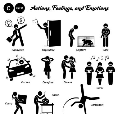Stick figure human people man action, feelings, and emotions icons starting with alphabet C. Capitalize, capitulate, capture, care, careen, carefree, caress, carol, carry, carve, and cartwheel.