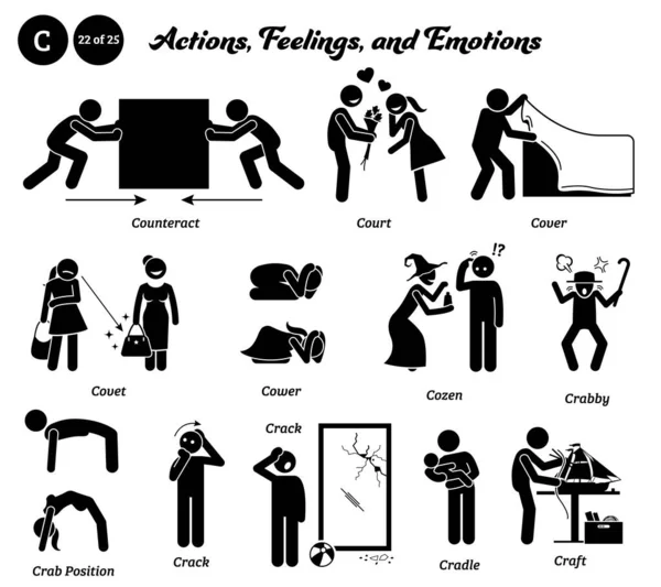 Stick figure human people man action, feelings, and emotions icons alphabet C. Counteract, court, cover, covet, cower, cozen, crabby, crab position, crack neck, crack glass, cradle, and craft.