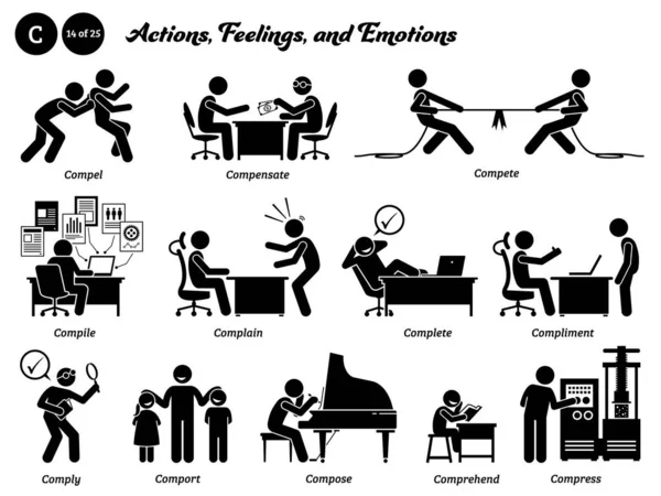 Stick Figure Human People Man Action Feelings Emotions Icons Alphabet — Stockvektor