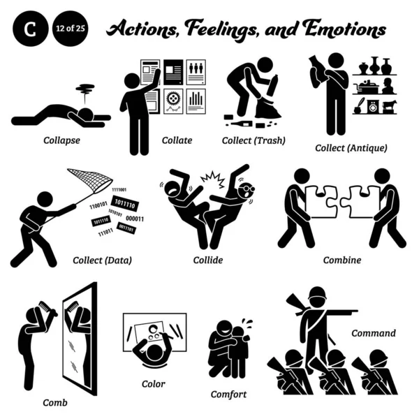 Çubuk insan figürü. Eylem, duygu ve duygu simgeleri. C alfabesiyle başlıyor. Toplayın, toplayın, toplayın, çöp, antika, veri, çarpışın, tarak, saç, renk, konfor, komut..
