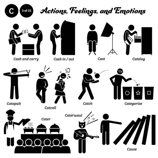 Çubuk insan figürü. Aksiyon, duygu ve duygu simgeleri C alfabesiyle başlıyor. Nakit para, oyuncu seçimi, katalog, mancınık, katalog, katalog, top yakalama, kategorize etme, yemek servisi..