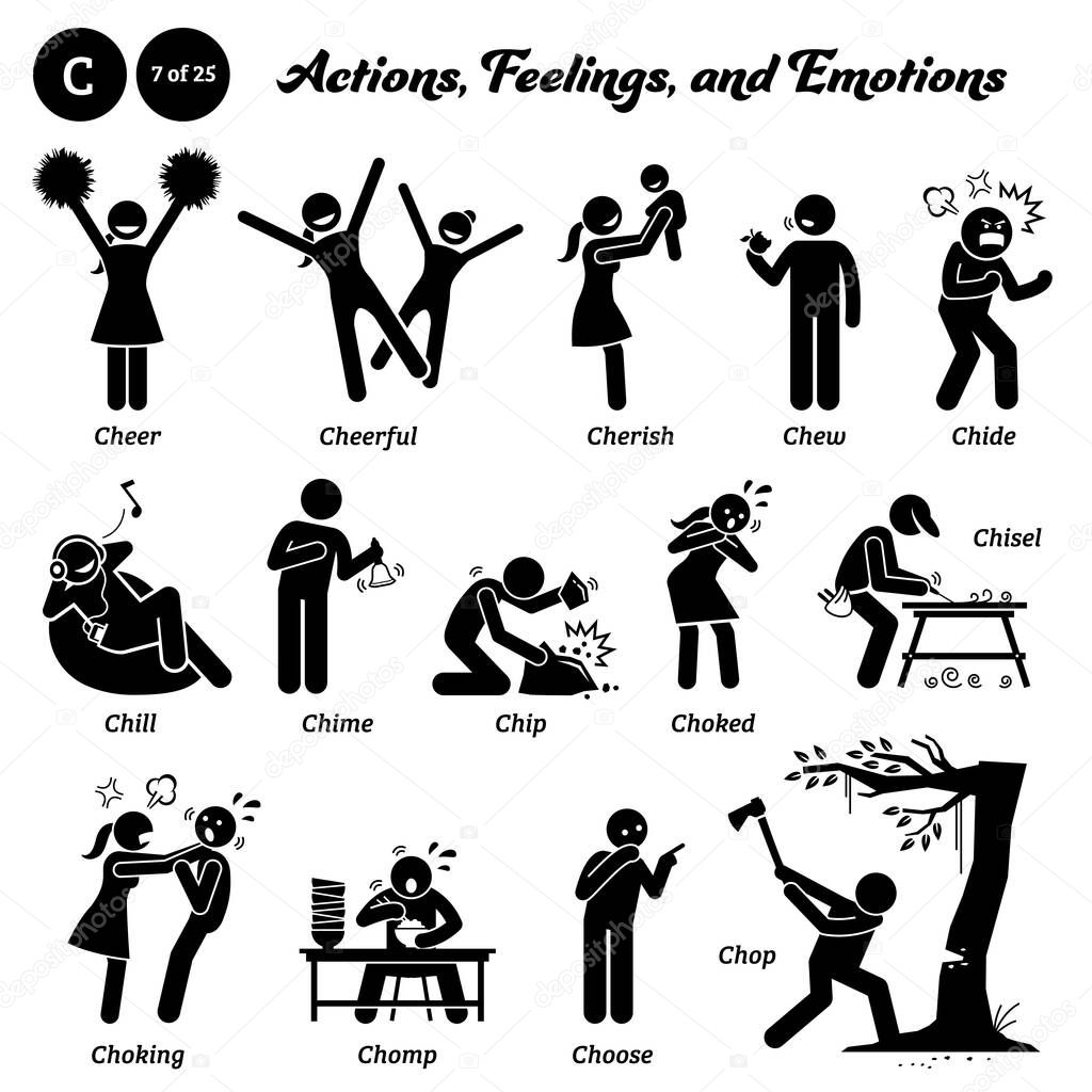 Stick figure human people man action, feelings, and emotions icons starting with alphabet C. Cheer, cheerful, cherish, chew, chide, chill, chime, chip, choked, chisel, choking, chomp, choose, and chop