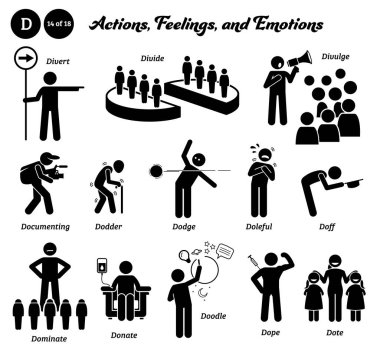 Çubuk insan figürü aksiyon, duygu ve duygu simgeleri D alfabesini yönlendir, böl, böl, ifşa et, belgeleme, dodder, dodge, dolly, doff, doff, dominant, bağışla, karala, doping, doping ve üzerine düşür..