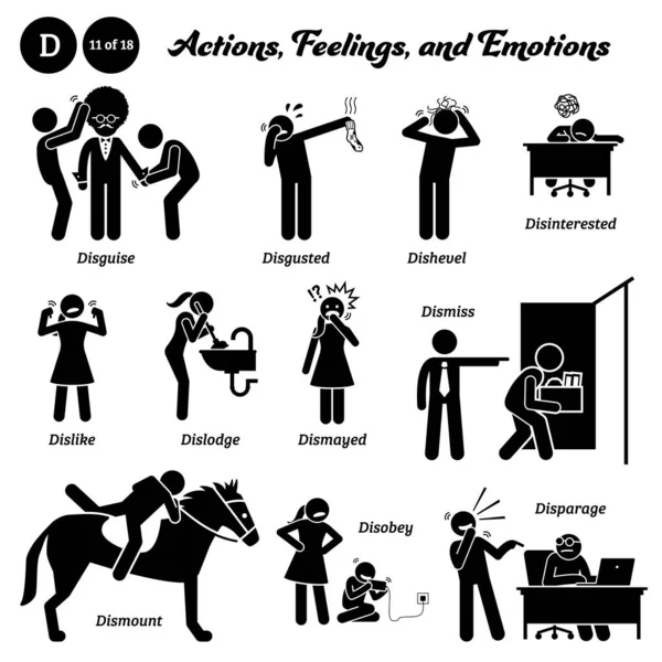 スティック図人間の人間の行動 感情のアイコンのアルファベットD うんざり 興味のない 嫌いな Dislodge Dismay Dismount Dismount および格差 — ストックベクタ