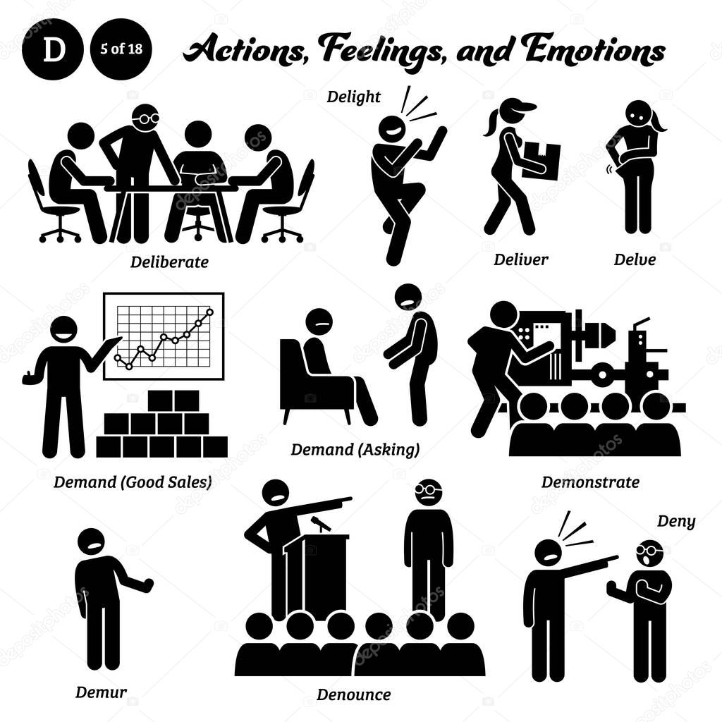 Stick figure human people man action, feelings, and emotions icons alphabet D. Deliberate, delight, deliver, delve, demand, demonstrate, demur, denounce, and deny.